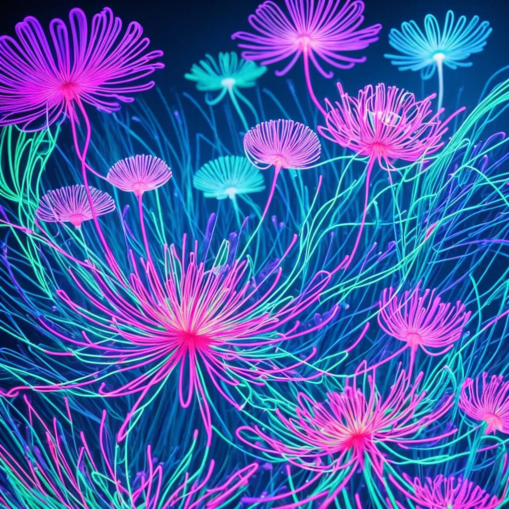 a close up of a flower with neon lights on it, a digital rendering by Bruce Munro, flickr, conceptual art, radiating atomic neon corals, twirling glowing sea plants, harmony of neon glowing coral, neon color bioluminescence, neon bioluminescence, filled with bioluminescence, purple and blue neons, neon jellyfish