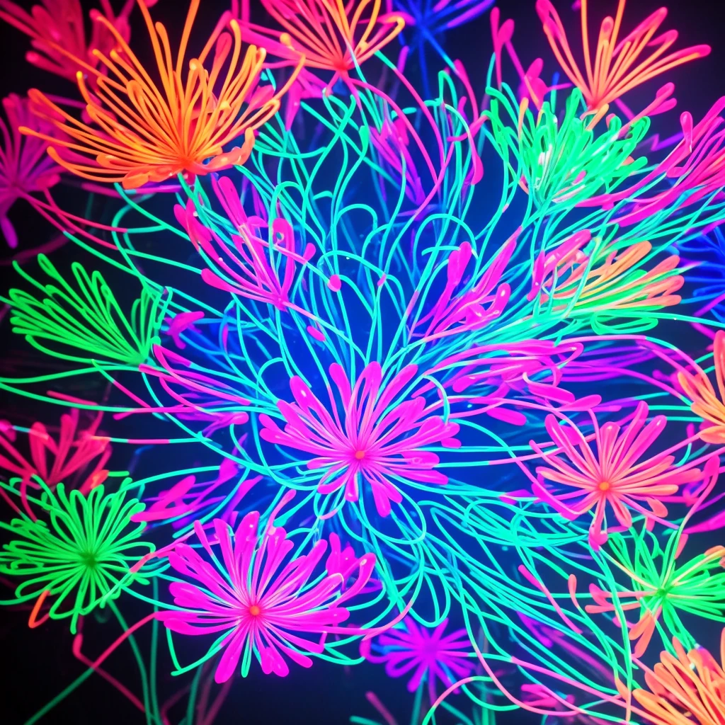 a close up of a flower with neon lights on it, a digital rendering by Bruce Munro, flickr, conceptual art, radiating atomic neon corals, twirling glowing sea plants, harmony of neon glowing coral, neon color bioluminescence, neon bioluminescence, filled with bioluminescence, purple and blue neons, neon jellyfish