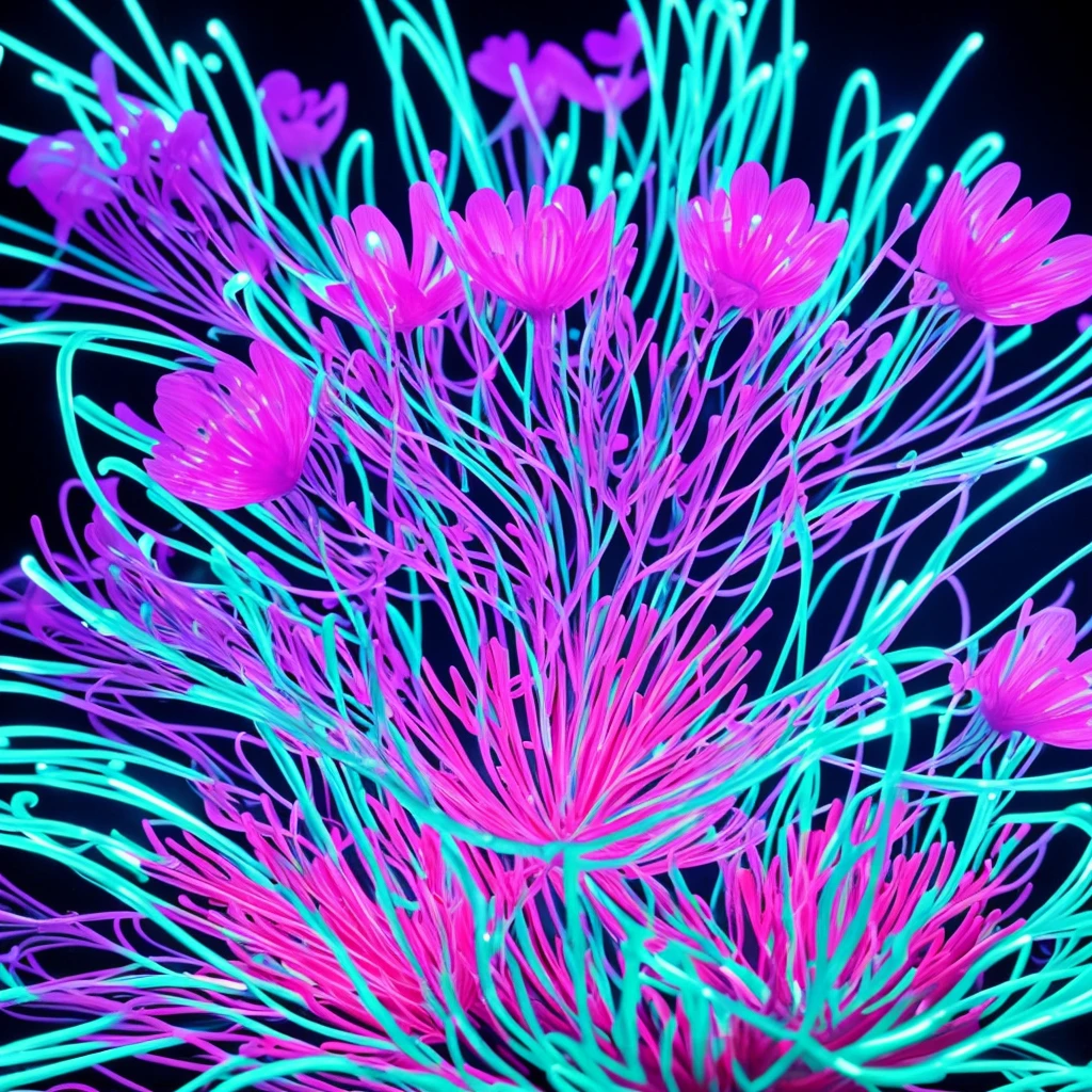 a close up of a flower with neon lights on it, a digital rendering by Bruce Munro, flickr, conceptual art, radiating atomic neon corals, twirling glowing sea plants, harmony of neon glowing coral, neon color bioluminescence, neon bioluminescence, filled with bioluminescence, purple and blue neons, neon jellyfish