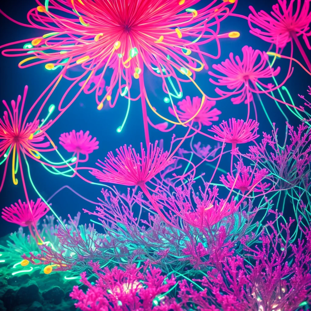 a close up of a flower with neon lights on it, a digital rendering by Bruce Munro, flickr, conceptual art, radiating atomic neon corals, twirling glowing sea plants, harmony of neon glowing coral, neon color bioluminescence, neon bioluminescence, filled with bioluminescence, purple and blue neons, neon jellyfish