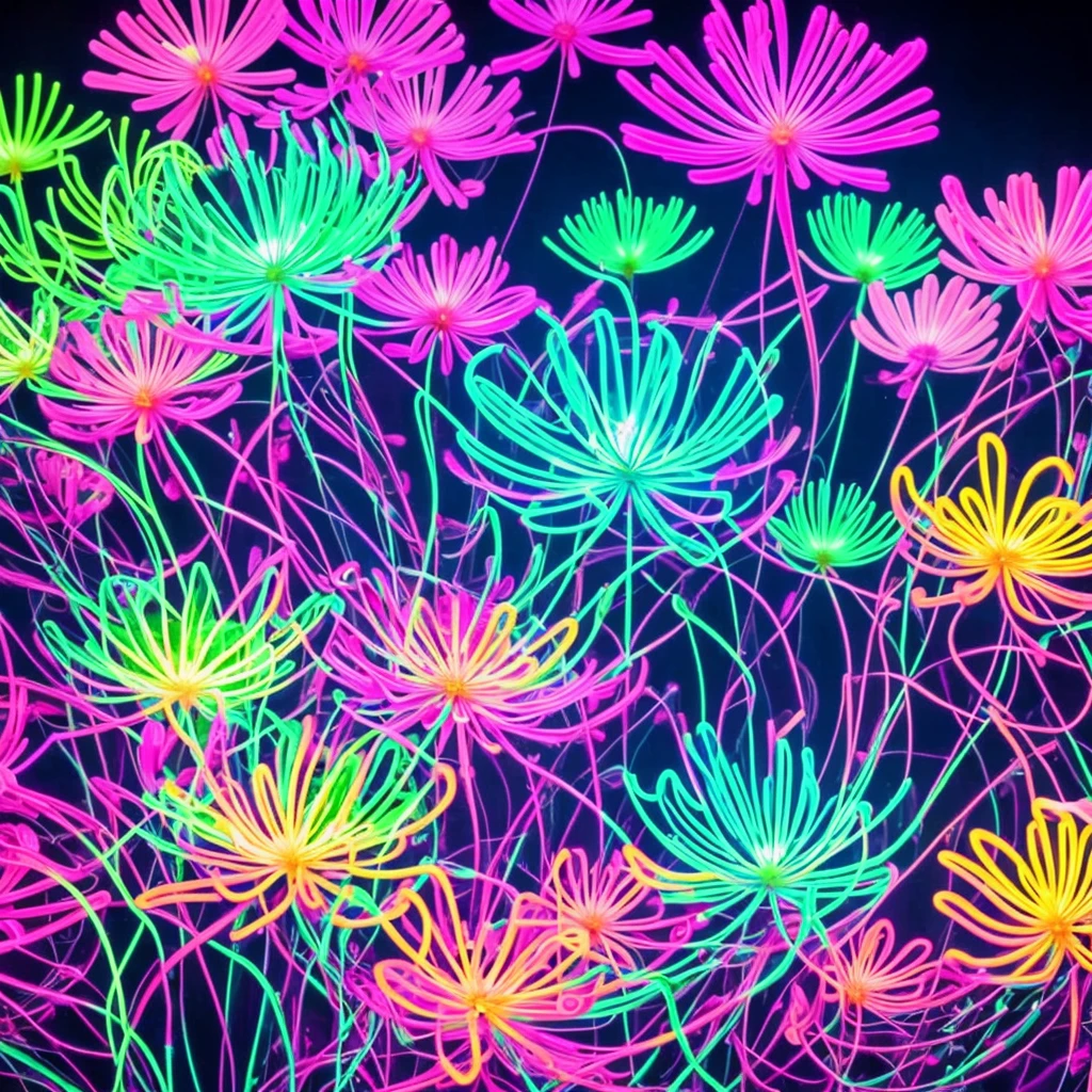 a close up of a flower with neon lights on it, a digital rendering by Bruce Munro, flickr, conceptual art, radiating atomic neon corals, twirling glowing sea plants, harmony of neon glowing coral, neon color bioluminescence, neon bioluminescence, filled with bioluminescence, purple and blue neons, neon jellyfish
