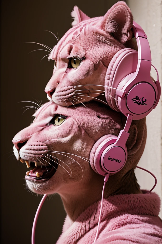 Images of a pink panther with headphones listening to music