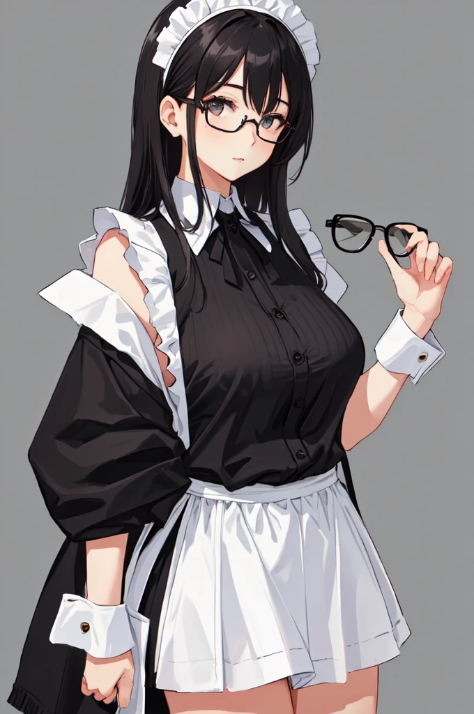 {{masterpiece}},high quality, 4K, 2D, 1 girl,{simple gray background},attractive mature lady, milf,standing,{sagging breasts},{{gigantic breasts}},maid,front face,{{tareme}},attractive mature lady,black hair, {from right in front of face and body},View viewers from front,{front facing shot},Wear glasses,mole under eye,(serious:0.5)