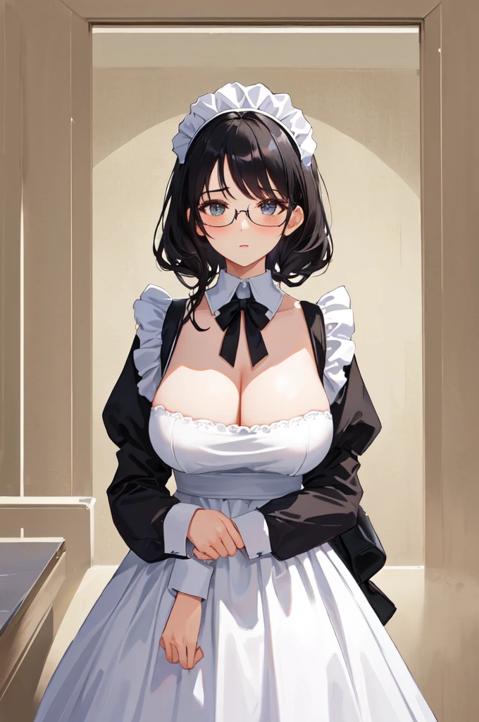 {{masterpiece}},high quality, 4K, 2D, 1 girl,{simple gray background},attractive mature lady, milf,standing,{sagging breasts},{{gigantic breasts}},maid,front face,{{tareme}},attractive mature lady,black hair, {from right in front of face and body},View viewers from front,{front facing shot},Wear glasses,mole under eye,(serious:0.5)