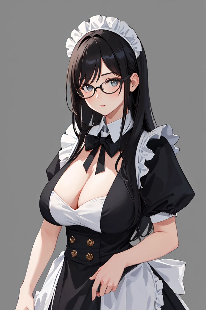 {{masterpiece}},high quality, 4K, 2D, 1 girl,{simple gray background},attractive mature lady, milf,standing,{sagging breasts},{{gigantic breasts}},maid,front face,{{tareme}},attractive mature lady,black hair, {from right in front of face and body},View viewers from front,{front facing shot},Wear glasses,mole under eye,(serious:0.5)