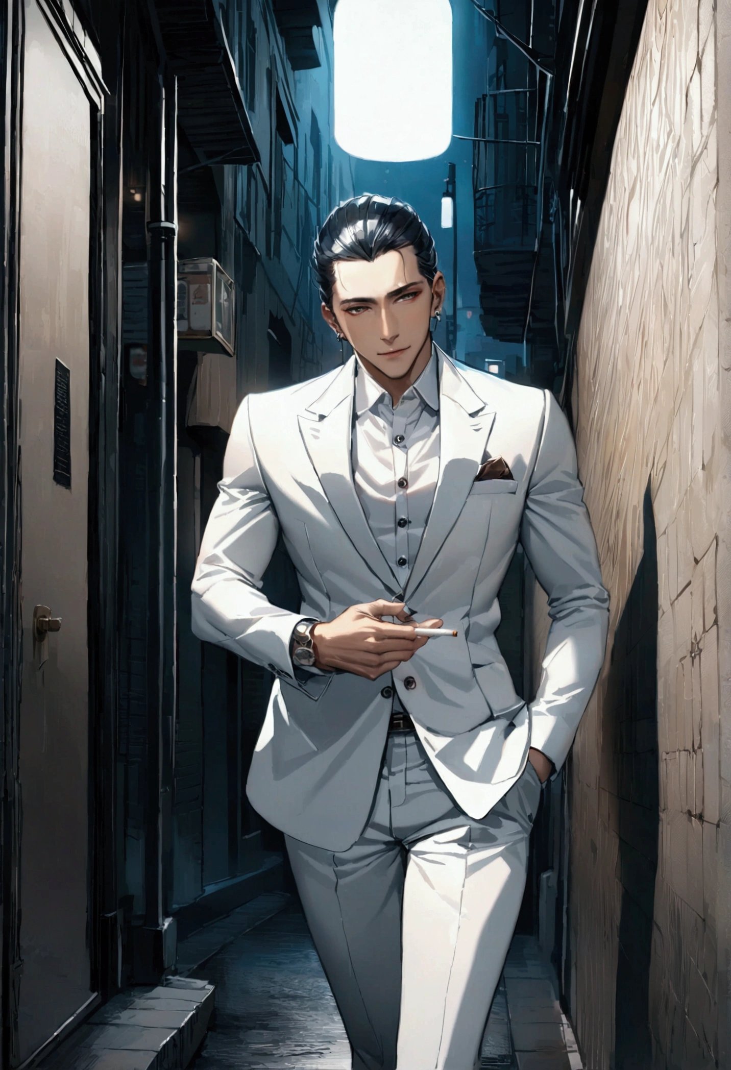 "Create an image of a handsome, slim counselor without a beard. He is wearing a suit, with a white shirt, suit pants, and boots. He has short, slicked-back, silver, expressive, and shiny hair. The background is a neon-lit city at night. He has a cheerful mood and a wry smile, with a calm, piercing gaze. He is holding a cigarette. He is either leaning against a wall or walking. Surrealism, Conceptual art, cowboy shot, lens flare, 8k, super detail, UHD, masterpiece, anatomically correct, textured skin, super detail, high details, high quality, award-winning, best quality, highres."