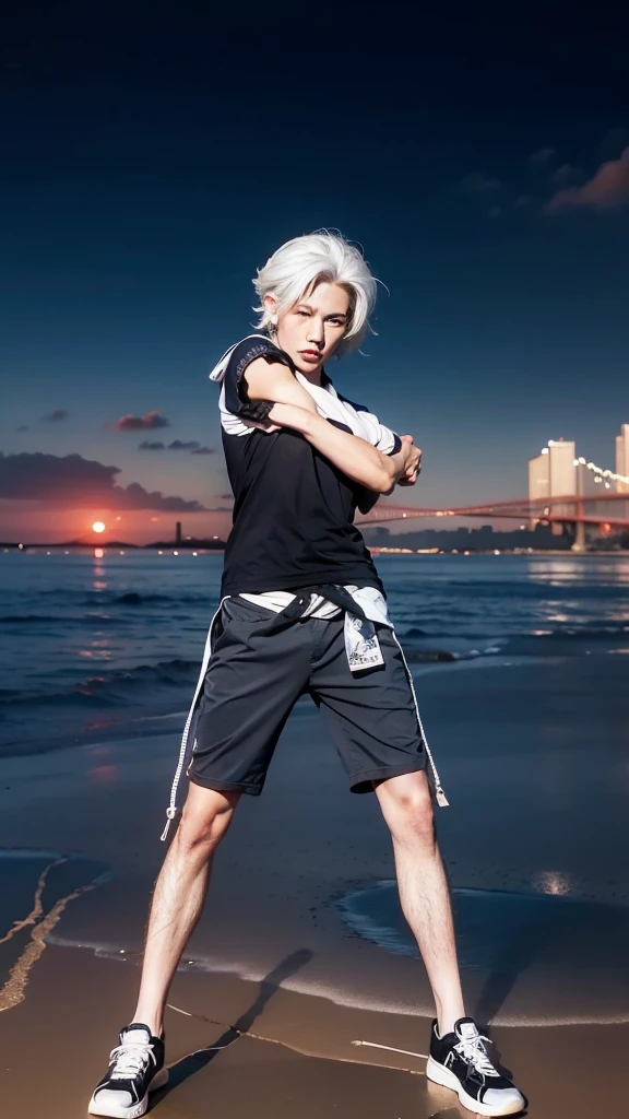 1 boy, handsome asian male, extremely detailed face, beautiful detailed eyes, beautiful detailed lips, street view, sunrise, different every time, white hair, grey hair, stylish hair, (best quality,4k,8k,highres,masterpiece:1.2),ultra-detailed,(realistic,photorealistic,photo-realistic:1.37),gorgeous colors,dramatic lighting,cinematic