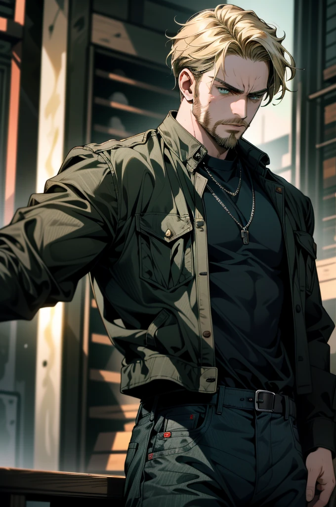 ((ultra detailed, masterpiece, absurdres))
1men, short hair, blonde hair, beard green eyes, Looking away with a furious, wearing a black denim jacket, and a plaid shirt underneath, he is bleeding, and armed 