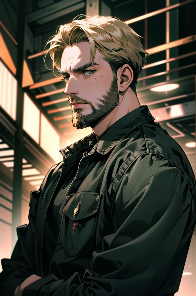 ((ultra detailed, masterpiece, absurdres))
1men, short hair, blonde hair, beard green eyes, Looking away with a furious, wearing a black denim jacket, and a plaid shirt underneath, he is bleeding, and armed 