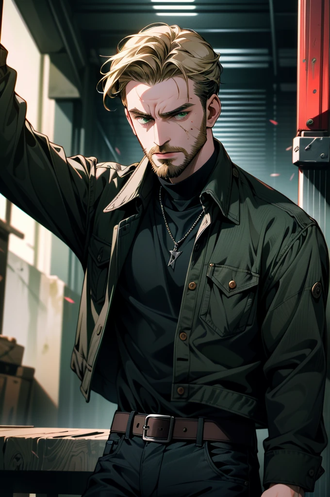 ((ultra detailed, masterpiece, absurdres))
1men, short hair, blonde hair, beard green eyes, Looking away with a furious, wearing a black denim jacket, and a plaid shirt underneath, he is bleeding, and armed 