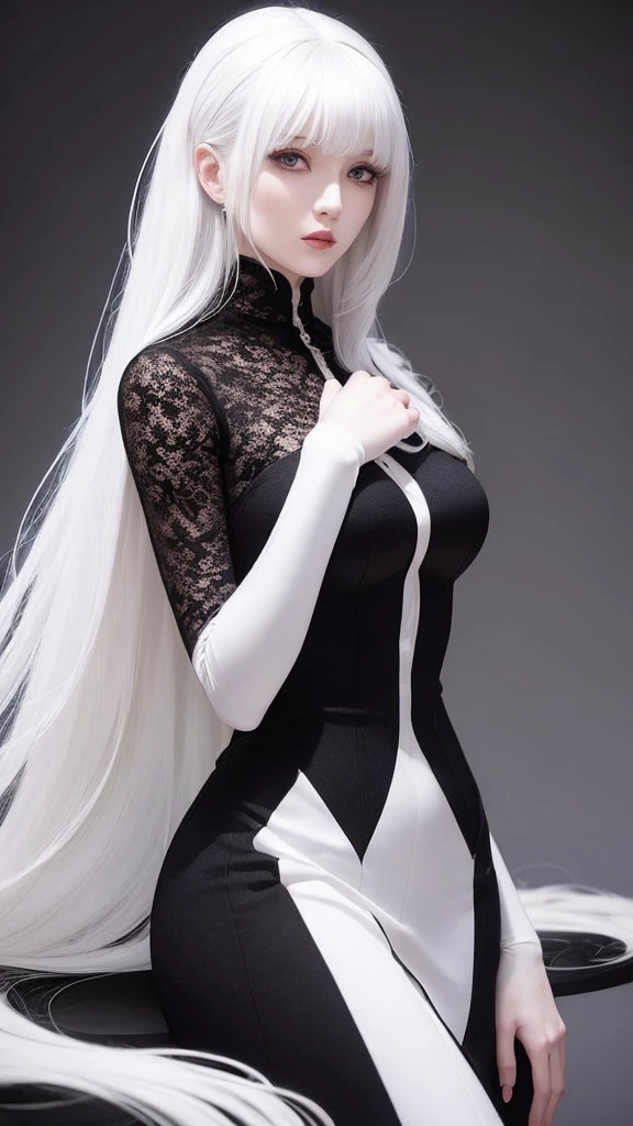 girl with white hair,with bangs, black gloves, gothic,4K, masterpiece, perfect body, stem,perfect eyes, perfect shading, perfect lighting, best quality, work of art, ultra detailed, detailed clothing