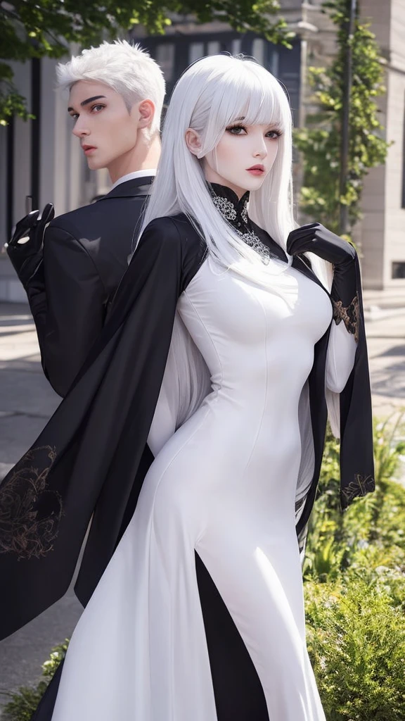 girl with white hair,with bangs, black gloves, gothic,4K, masterpiece, perfect body, stem,perfect eyes, perfect shading, perfect lighting, best quality, work of art, ultra detailed, detailed clothing