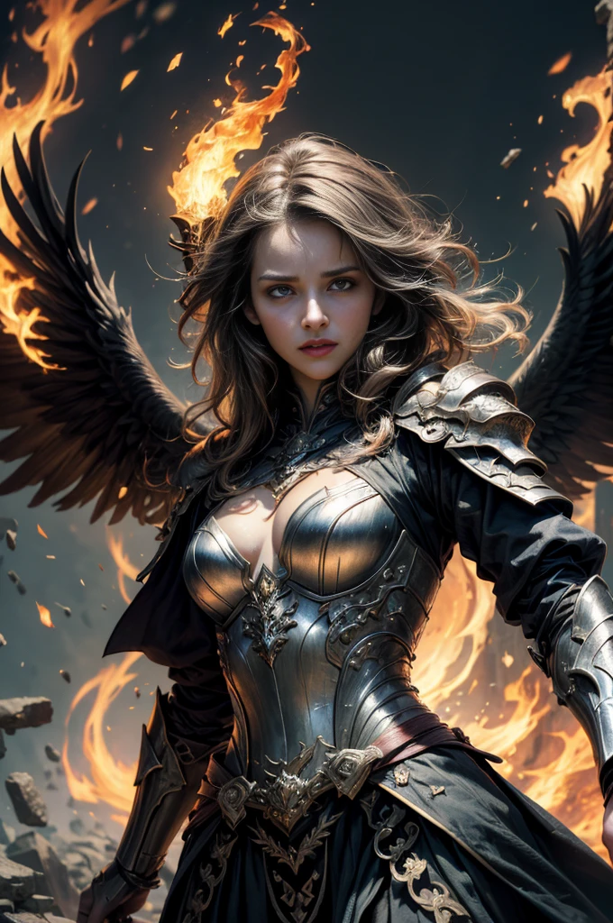 ((super fine illustration, 8k, Masterpiece :1.2, Sharp focus :1.2, depth of field:1.2)), Beautiful swordswoman, absurdity, Highly detailed face and skin texture, silver hair, jet-black armor, flame armor, cloak wrapped in flames, sword wrapped in flames, flame wings, determination to overcome sorrow, A sign of determination in your gentle eyes , strong soul