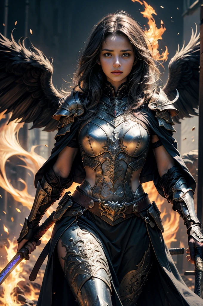 ((super fine illustration, 8k, Masterpiece :1.2, Sharp focus :1.2, depth of field:1.2)), Beautiful swordswoman, absurdity, Highly detailed face and skin texture, silver hair, jet-black armor, flame armor, cloak wrapped in flames, sword wrapped in flames, flame wings, determination to overcome sorrow, A sign of determination in your gentle eyes , strong soul