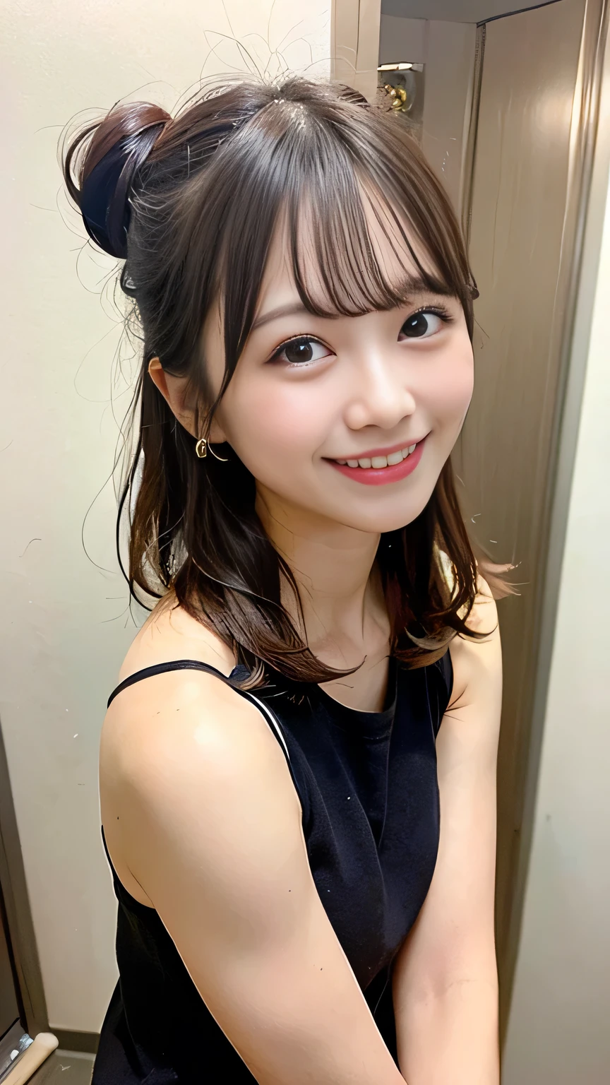 (Highest quality、In 8K、32K、masterpiece、Hmph:1.2)、One Girl、Beautiful Japanese Women、Big breasts and small waist、(Beautiful nape)、((Updo))、(Wearing a camisole、hot pants)、20-year-old、In a room bathed in morning sunlight、(Biting pose:1.2)、(smile:1.5)、