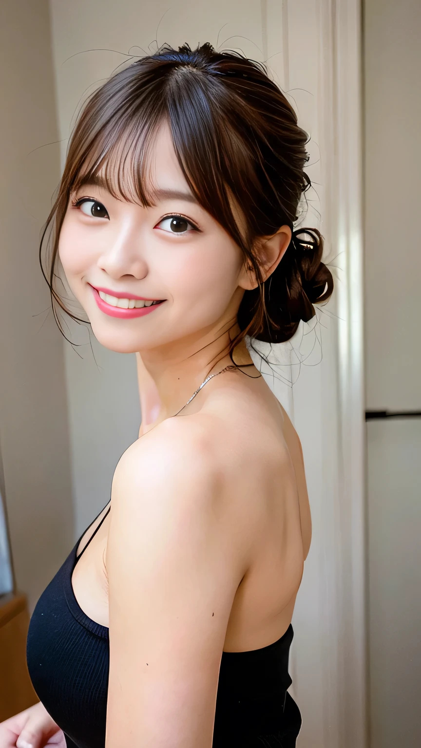 (Highest quality、In 8K、32K、masterpiece、Hmph:1.2)、One Girl、Beautiful Japanese Women、Big breasts and small waist、（Beautiful nape）、((Updo))、(Wearing a camisole、hot pants)、20-year-old、In a room bathed in morning sunlight、（Biting pose:1.2)、(smile:1.5)、