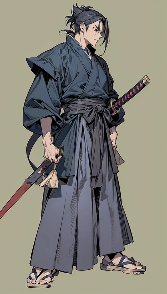 in yusuke murata style, Hold the pose, but draw with flat colors, cel shading, limited color palette and simplified lighting. Musashi Miyamoto, I ran, katana in sheath, samurai hair, serious face.