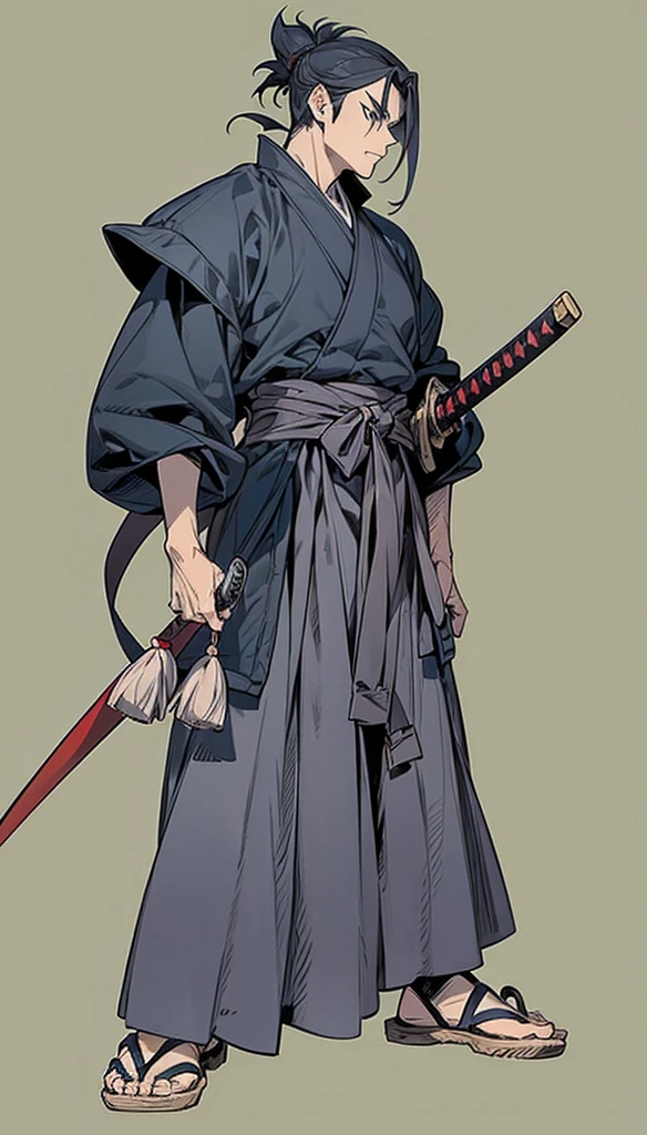in yusuke murata style, Hold the pose, but draw with flat colors, cel shading, limited color palette and simplified lighting. Musashi Miyamoto, I ran, katana in sheath, samurai hair, serious face.