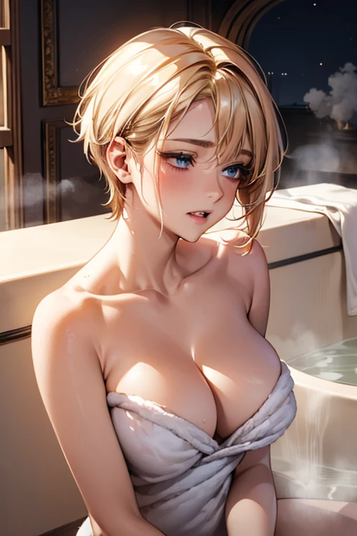 masterpiece,beautiful eyes,textile shading, custics,photography,RAW photo,,extremely detailed CG, shiny skin
,(18yo:1.2),,blond hair,short hair,blue eyes,large breasts, fang
dressing room,(wipe own body with a bath towel),nude,night,(steam:1.4),relived face,looking away, half-closed eyes,parted lips