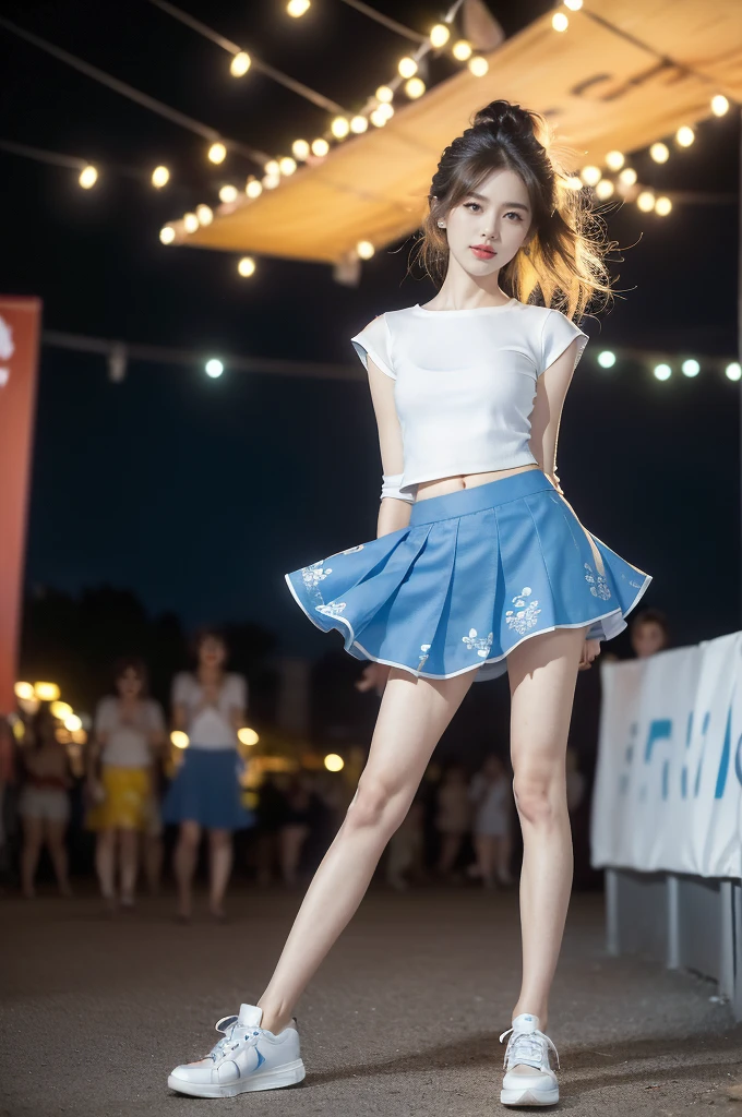 (((best quality))),(((ultra detailed))),(((masterpiece))),illustration,((a beautiful girl,solo)),((slim,thin)),((small breasts,flat chest,claviclis,navel)),(blue short-sleeved white shirt:1.5),(blue mini-skirt:1.3),(slender legs:1.2),(sneakers:1.2),(standing:1.3),((on a stage,outside a shopping mall, at the entrance of a beer promotional event,on the street)),((surrounded by crowded crowds)),((her hair and the edges of her skirt fluttering in the air)),hair flows freely in the wind,fluttering skirt,expressive eyes,infectious smile,the stage adorned with colorful decorations,vibrant atmosphere,(night scene:1.3),(from front:1.3),(arms behind back:1.3),(full body:1.3),