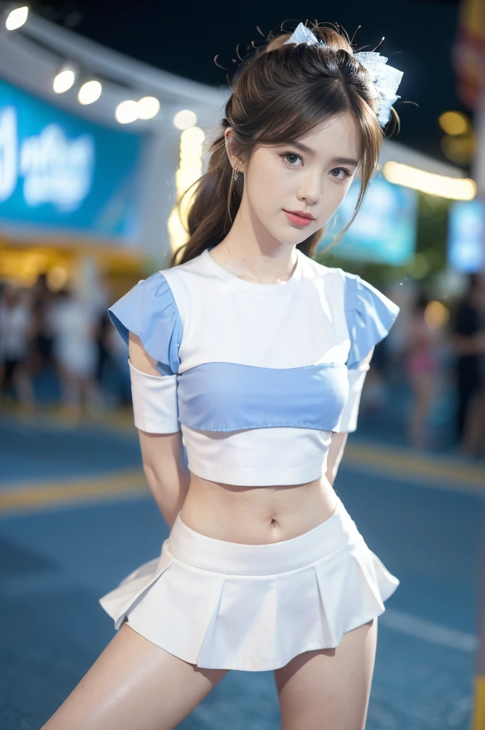 (((best quality))),(((ultra detailed))),(((masterpiece))),illustration,((a beautiful girl,solo)),((slim,thin)),((small breasts,flat chest,claviclis,navel)),(blue short-sleeved white shirt:1.5),(blue mini-skirt:1.3),(slender legs:1.2),(sneakers:1.2),(standing:1.3),((on a stage,outside a shopping mall, at the entrance of a beer promotional event,on the street)),((surrounded by crowded crowds)),((her hair and the edges of her skirt fluttering in the air)),hair flows freely in the wind,fluttering skirt,expressive eyes,infectious smile,the stage adorned with colorful decorations,vibrant atmosphere,(night scene:1.3),(from front:1.3),(arms behind back:1.3),(full body:1.3),