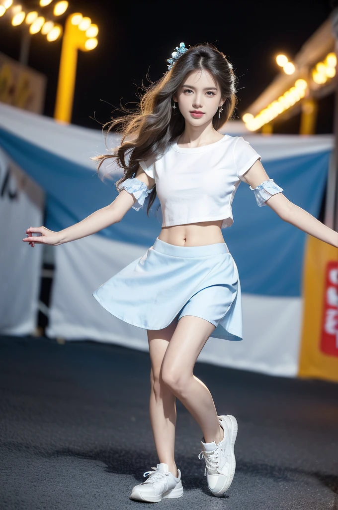 (((best quality))),(((ultra detailed))),(((masterpiece))),illustration,((a beautiful girl,solo)),((slim,thin)),((small breasts,flat chest,claviclis,navel)),(blue short-sleeved white shirt:1.5),(blue mini-skirt:1.3),(slender legs:1.2),(sneakers:1.2),(standing:1.3),((on a stage,outside a shopping mall, at the entrance of a beer promotional event,on the street)),((surrounded by crowded crowds)),((her hair and the edges of her skirt fluttering in the air)),hair flows freely in the wind,fluttering skirt,expressive eyes,infectious smile,the stage adorned with colorful decorations,vibrant atmosphere,(night scene:1.3),(from front:1.3),(arms behind back:1.3),(full body:1.3),