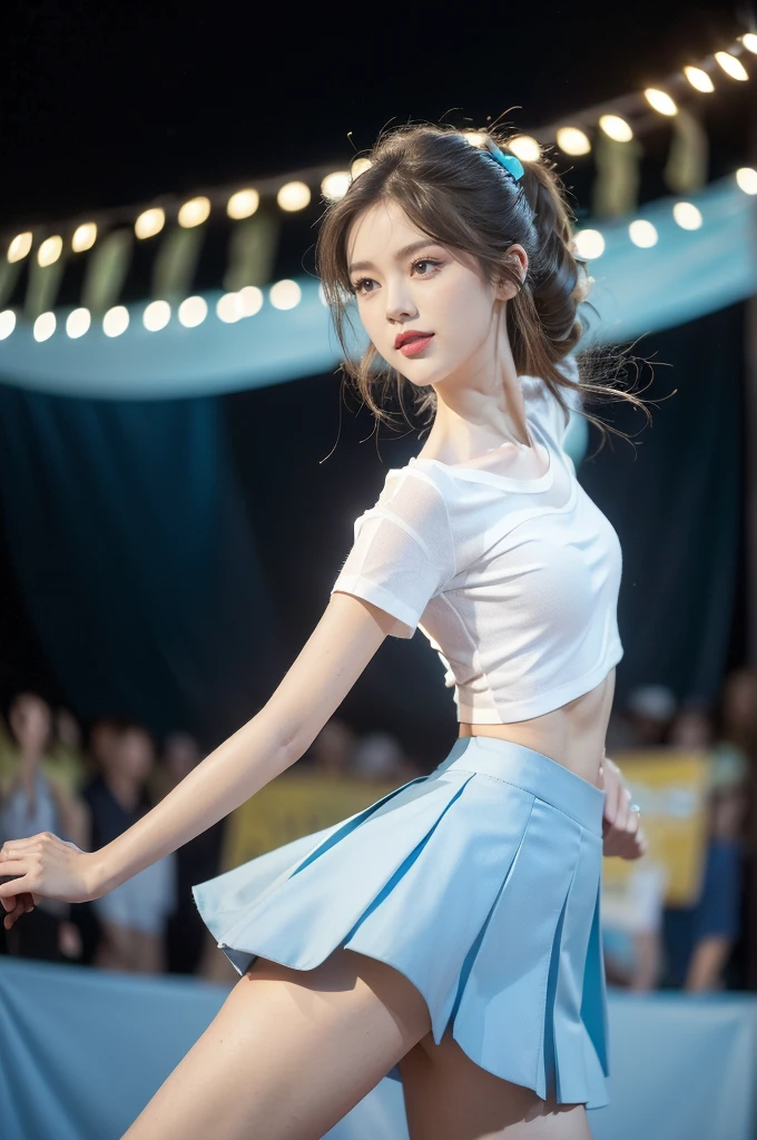 (((best quality))),(((ultra detailed))),(((masterpiece))),illustration,((a beautiful girl,solo)),((slim,thin)),((small breasts,flat chest,claviclis,navel)),(blue short-sleeved white shirt:1.5),(blue mini-skirt:1.3),(slender legs:1.2),(sneakers:1.2),(standing:1.3),((on a stage,outside a shopping mall, at the entrance of a beer promotional event,on the street)),((surrounded by crowded crowds)),((her hair and the edges of her skirt fluttering in the air)),hair flows freely in the wind,fluttering skirt,expressive eyes,infectious smile,the stage adorned with colorful decorations,vibrant atmosphere,(night scene:1.3),(from front:1.3),(arms behind back:1.3),(full body:1.3),