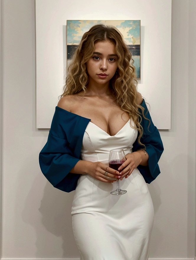 A 25-year-old Brazilian woman with blonde, curly hair stands out in a bust-up image. She is in a modern art gallery, wearing a chic, elegant dress—perhaps in a deep blue or emerald green. The gallery features minimalist decor with clean lines, white walls adorned with contemporary artworks, and spotlights highlighting the pieces. She is standing confidently in front of a large, striking painting, her hair styled in soft waves. She holds a glass of wine in one hand and has a poised, thoughtful expression. The atmosphere is sophisticated and cultured, capturing her grace and the refined ambiance of the art gallery.