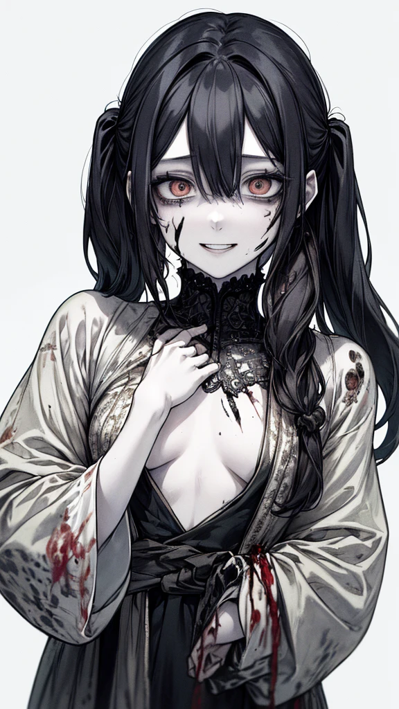 (masterpiece:1.2, Highest quality), (Actual Photos, Intricate details), (1 female, alone,whole body、Small breasts) ,Scary atmosphere、Distorted facial expressions、Blood splatter、Cuts on the face、burns on the face、whole body、Punk Fashion、Long Hair、Long Bangs、Twin tails、Black Hair、(((Dark circles under the eyes)))、Pale skin、Feeling unwell、Pathological、Wicked Smile、Crazy Eyes、(Grin)Dramatic makeup,Create mixed media art、White Background