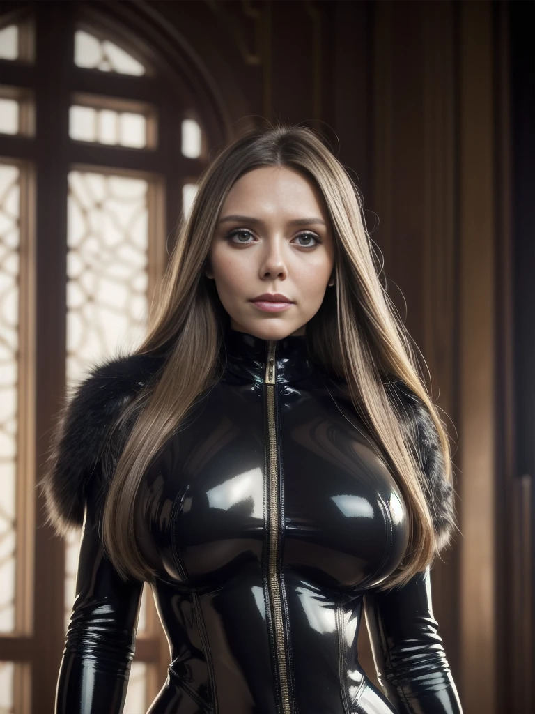 arafed woman Age 60 (Elizabeth Olsen), (perfect makeup:1.15), (warm smile:1.3), turtleneck latex outfit, zipper, highly detailed fur, natural skin texture, long wavy hair, 4k textures, Highly detailed perfect , Lightroom, Intricate, Ultra-Realistic, Out There, (HDR:1.3), UHD, (Intricate Detail, Hyper-Detailed:1.1), Cinematic, Photoreal, (Dark Shot:1.2), Dramatic, High Contrast, (Warm Color:1.1) , muted colors, master piece, elegant, sharp focus, (suggestive pose:1.2),big breasts, big muscles