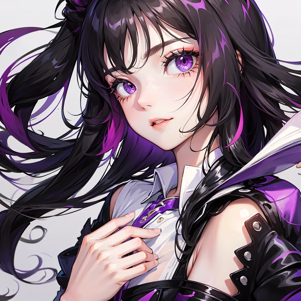 Black hair, purple eyes
