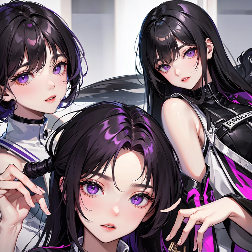 Black hair, purple eyes