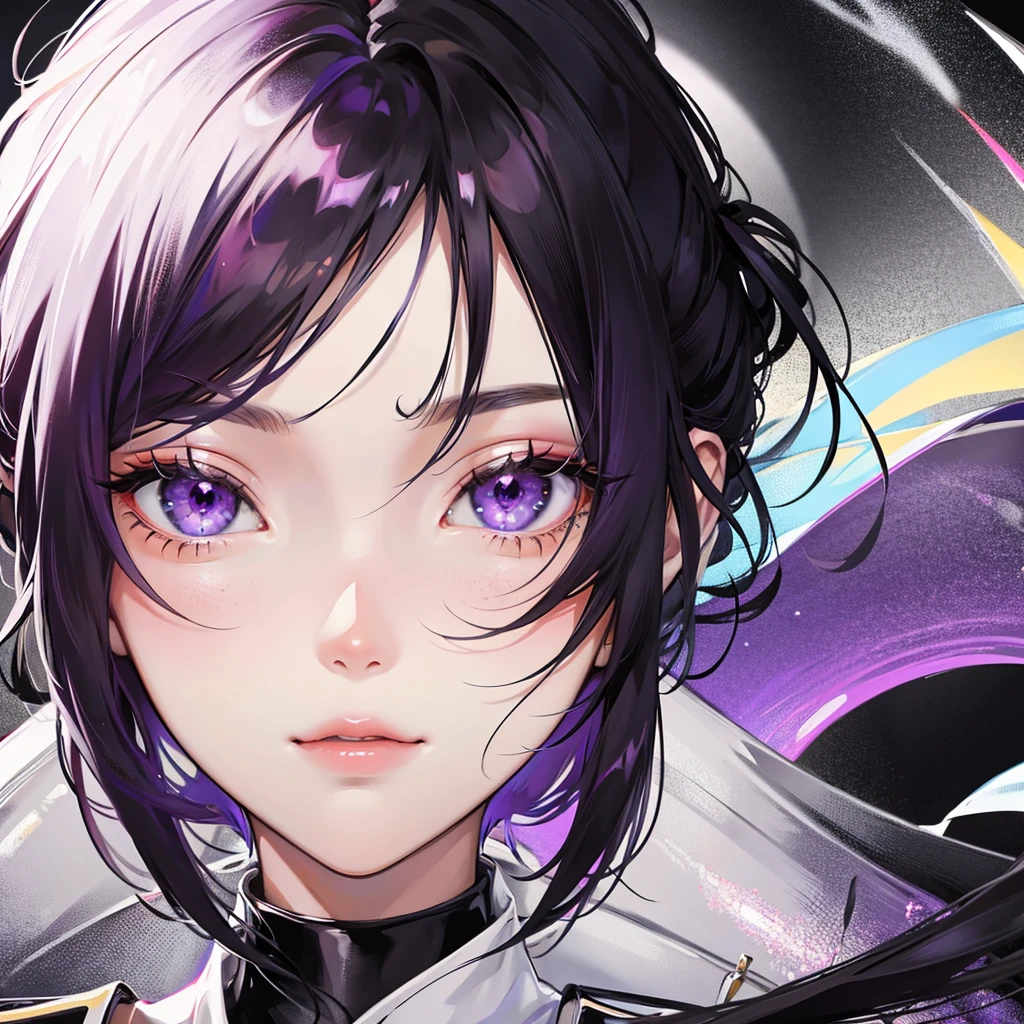 Black hair, purple eyes