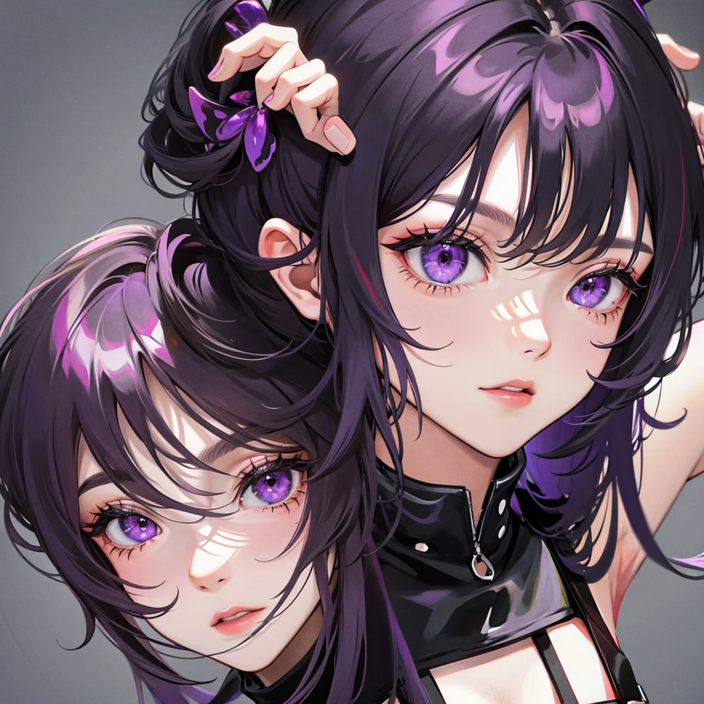 Black hair, purple eyes