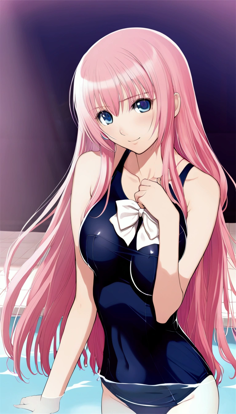 masterpiece ,Megurine Luka,E cup breasts,Pink long hair,blue eyes,School Swimsuit,smile,Pool,