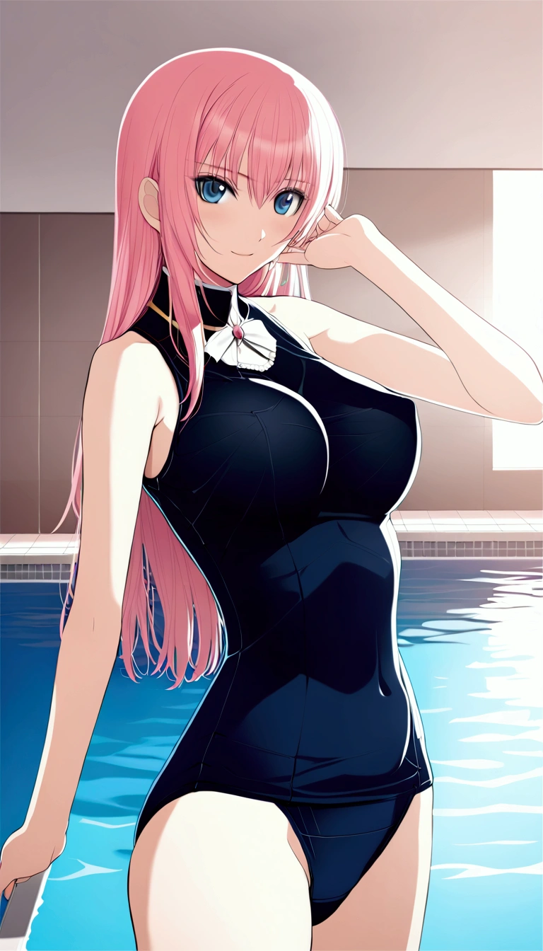 masterpiece ,Megurine Luka,E cup breasts,Pink long hair,blue eyes,School Swimsuit,smile,Pool,