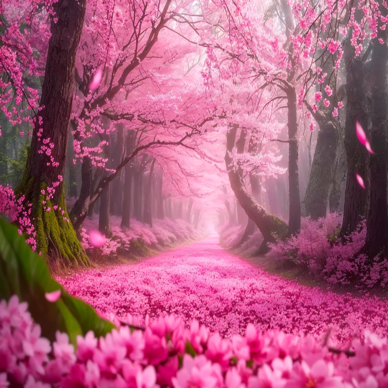 pink flowers are covering the ground in a forest, cherry blossom forest, pink forest, blossoming path to heaven, in pink forest, beatiful backgrounds, pink landscape, pink trees, heaven pink, really beautiful nature, cherry blossom trees, beautiful nature, beautiful wallpaper, hd wallpaper, pink mist, sakura trees, lush sakura trees, nature wallpaper