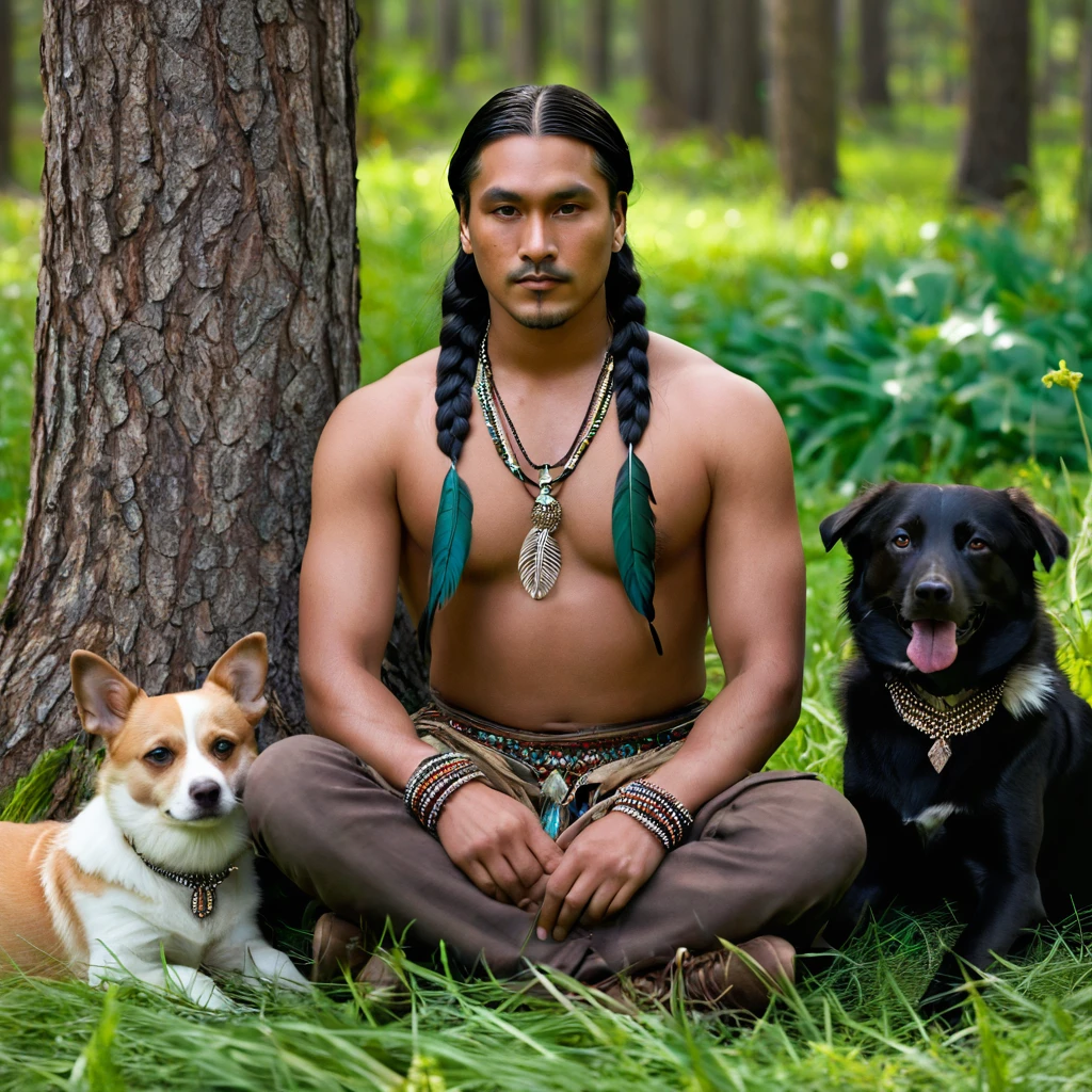 Realistic image of a man, alone, with long hair, looking at the viewer, black hair, brown eyes, jewelry, braid, earrings, dark skin, necklace, mole, dark-skinned woman, lips, feathers, Native America, sitting on the green grass in the forest trees with her dogs