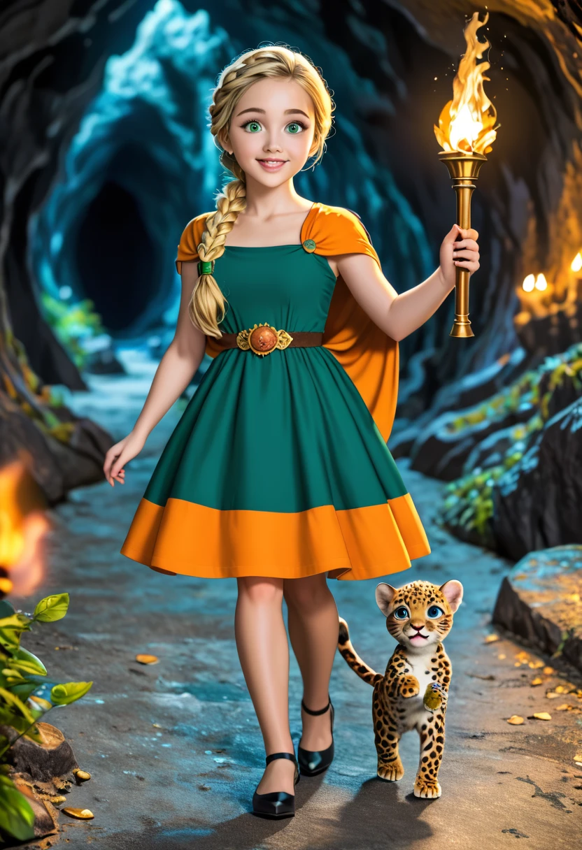 (High quality, masterpieces), One cute girl (8 years old) walking with a baby leopard in dark cave, Hold up a torch with her left hand, Blonde braid hair, Beautiful face, Orange short cape, Dark-green dress, anxious feelings