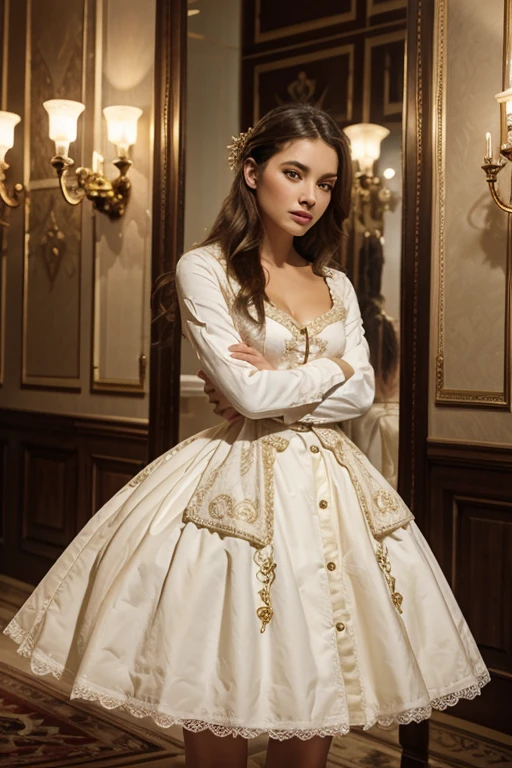 (Best quality, 8k, 32k, Masterpiece, UHD:1.2), "Transform the scene into a luxurious palace inspired by the world of Barbie: Princess and the Pauper. Picture an opulent, grandiose interior adorned with sparkling chandeliers and intricate gold detailing. The walls are decorated with elegant tapestries and lavish paintings, capturing the essence of royal splendor.
The floor is made of polished marble, reflecting the grandeur of the surroundings, and lined with plush, richly colored carpets. Tall, arched windows draped with silken curtains allow sunlight to stream in, casting a warm, golden glow across the room.
In the center, a majestic staircase with ornate railings winds upwards, leading to the upper levels of the palace. The banisters are adorned with delicate carvings and lined with luxurious fabric. The furniture is exquisite, featuring finely crafted pieces with velvet upholstery and gilded accents.
Floral arrangements in ornate vases add a touch of natural beauty, while sparkling jewels and decorative elements emphasize the palace's royal elegance. The atmosphere exudes a fairy-tale charm, capturing the magical essence of the Barbie: Princess and the Pauper world.
Create a scene that evokes wonder and enchantment, reflecting the luxurious and regal ambiance of a royal palace from a beloved fairy-tale world."