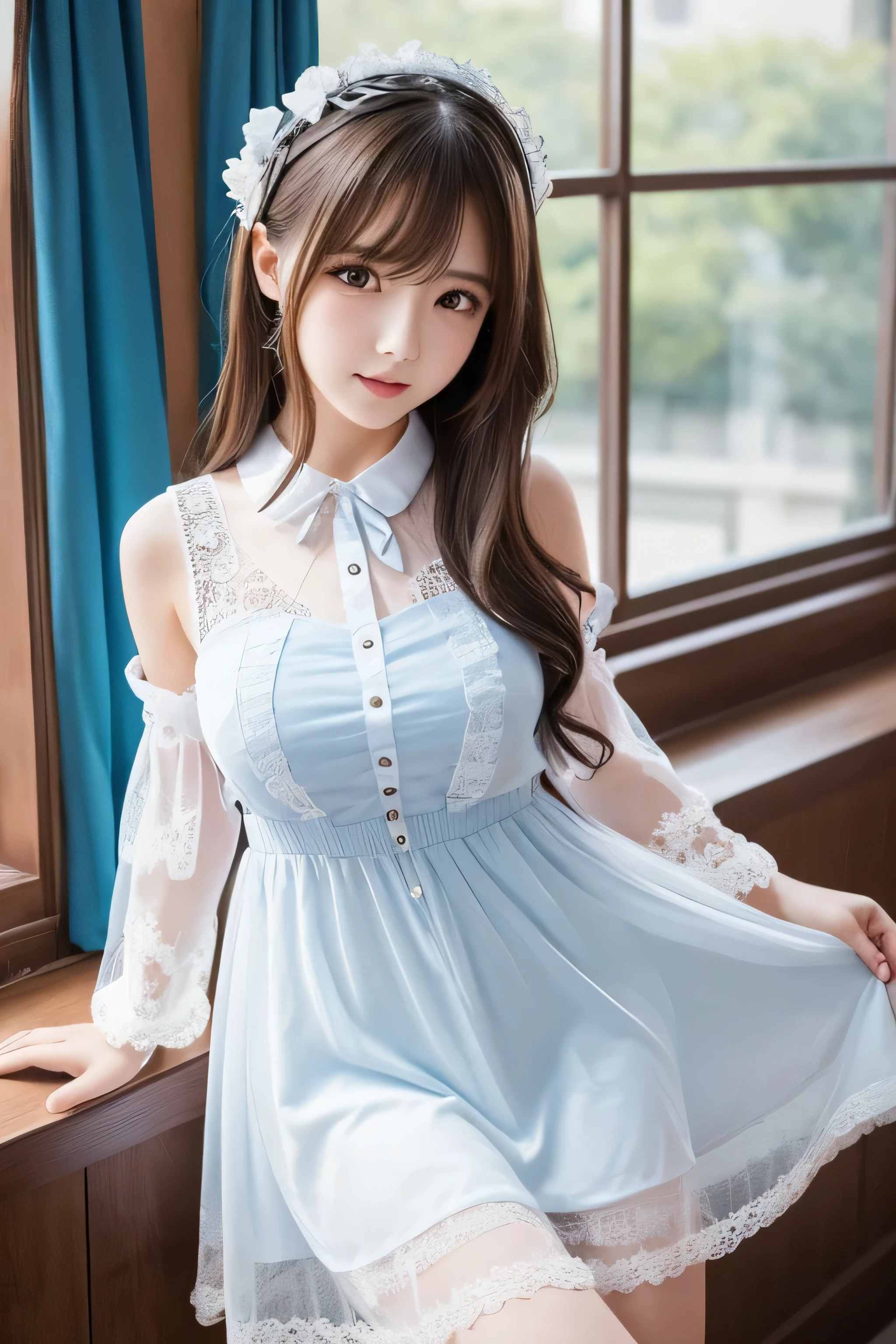 anime girl sit on love hotel, beautiful anime portrait, beautiful anime girl, pretty anime girl, cute anime girl, anime visual of a cute girl, portrait anime girl, digital anime art, cute anime girl portrait, beautiful anime, portrait of cute anime girl, attractive anime girl, beautiful anime woman, cute natural anime face, young anime girl, f 0.8 bokeh background, transparent lace outfits, sheer lace outfits, white lace dress, She pulls at the hem of her own lace dress, revealing the prim white collared lace shirt and lacenavy blue pinafore. realistic eyes