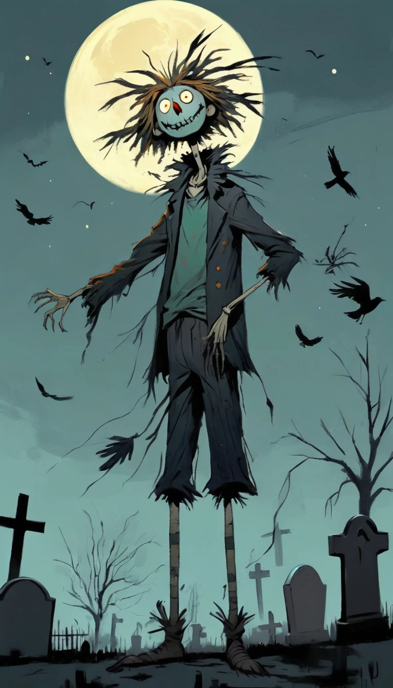 (((Exaggerated digital sketch:1.37))).(1 Scarecrow，(Exaggerated expression,Exaggerated hairstyle)，Messy hair)，moonlight，Cemetery，church，crow，(Black sketch lines，Loose brushstrokes create the outline，Cartoon Style. Bright colors and simplified lines, sketch)。(Exaggerated body movements，Long legs),(fear）