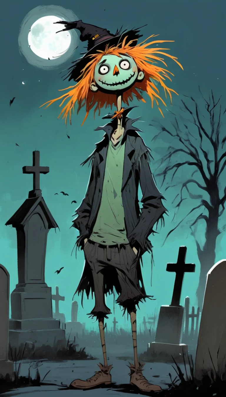 (((Exaggerated digital sketch:1.37))).(1 Scarecrow,(Exaggerated expression,Exaggerated hairstyle),Messy hair),moonlight,Cemetery,church,crow,(Black sketch lines,Loose brushstrokes create the outline,Cartoon Style. Bright colors and simplified lines, sketch)。(Exaggerated body movements,Long legs),(fear)