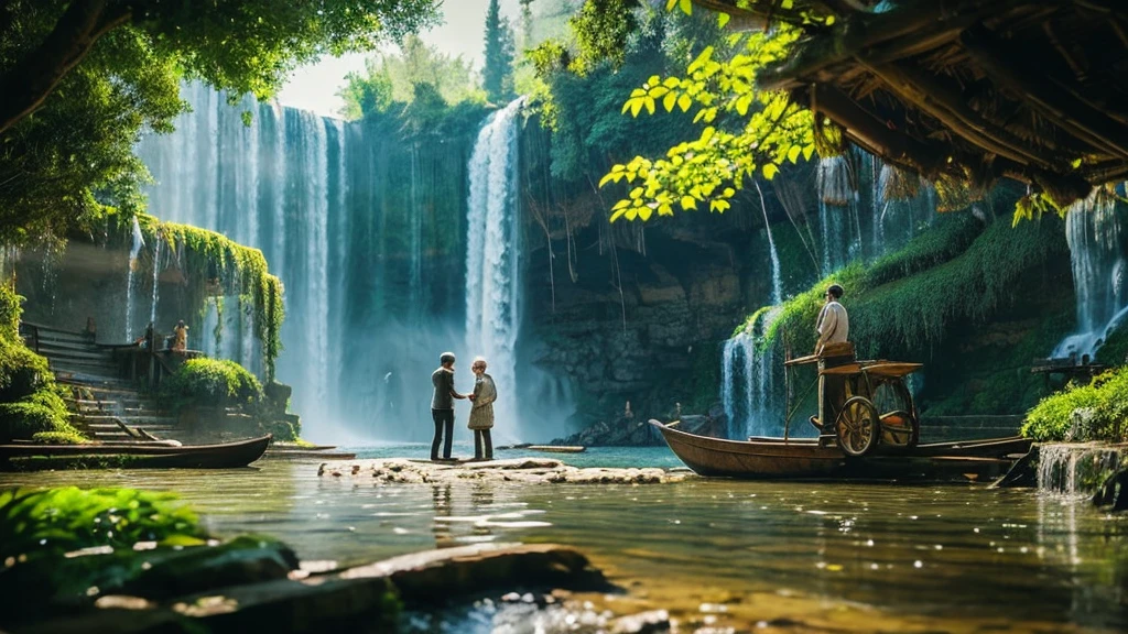 Close-up sharp focus: a beautiful waterfall falls into cupped hands into a miniature lake below where a man is fishing from a rustic wood boat. A miniature hyper-detailed landscape with a waterfall, lake and forests is located on huge palms folded. intricate, detailed color, cinematic, panoramic, shot in a complex mixed technique. Concept Art. 16K.