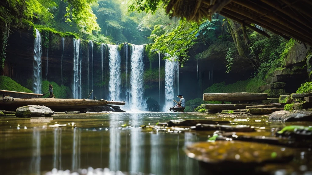 Close-up sharp focus: a beautiful waterfall falls into cupped hands into a miniature lake below where a man is fishing from a rustic wood boat.  A miniature hyper-detailed landscape with a waterfall, lake and forests is located on huge palms folded. intricate, detailed color, cinematic, panoramic, shot in a complex mixed technique. Concept Art. 16K.
