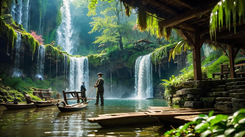 Close-up sharp focus: a beautiful waterfall falls into cupped hands into a miniature lake below where a man is fishing from a rustic wood boat. A miniature hyper-detailed landscape with a waterfall, lake and forests is located on huge palms folded. intricate, detailed color, cinematic, panoramic, shot in a complex mixed technique. Concept Art. 16K.