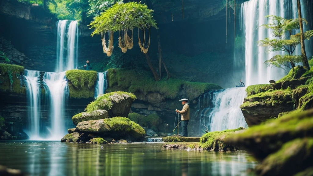 Close-up sharp focus: a beautiful waterfall falls into cupped hands into a miniature lake below where a man is fishing from a rustic wood boat. A miniature hyper-detailed landscape with a waterfall, lake and forests is located on huge palms folded. intricate, detailed color, cinematic, panoramic, shot in a complex mixed technique. Concept Art. 16K.