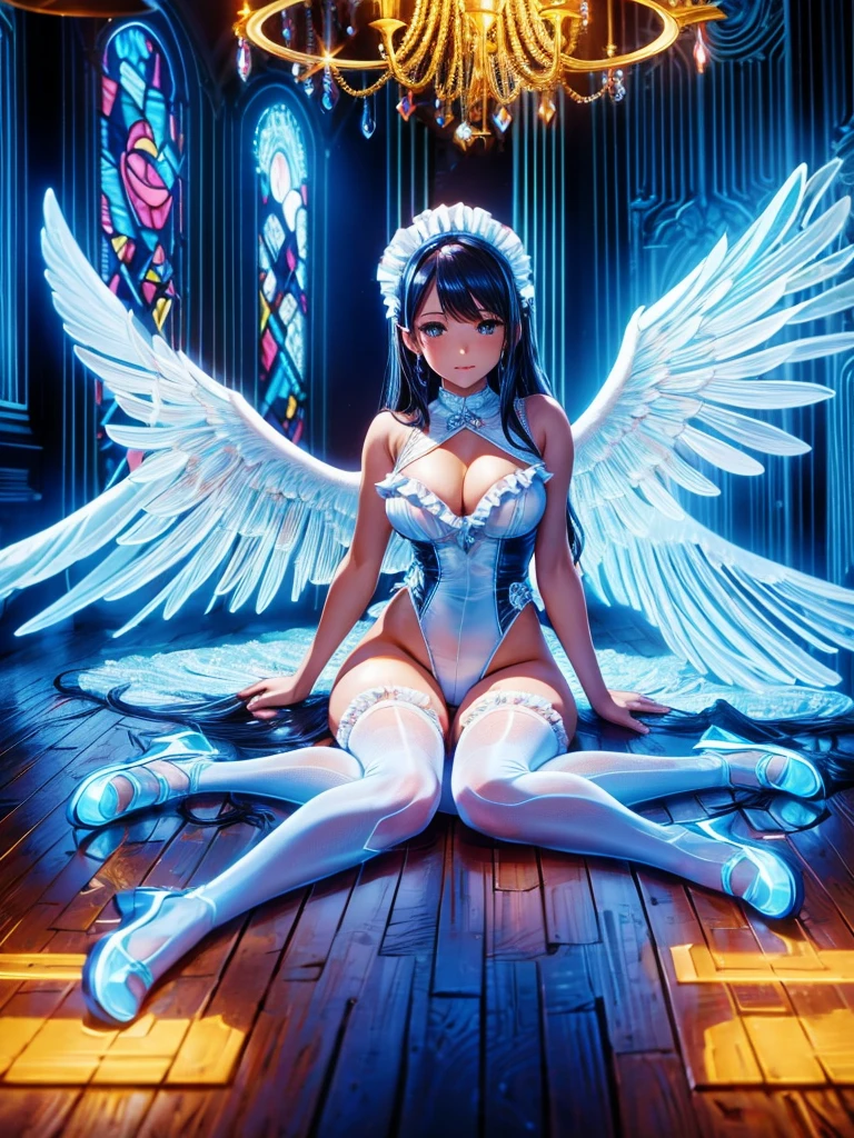 Highest quality,Highest Resolution,Beautiful girl in maid leotard,White angel wings on your back,Halo,High leg,Frills,Knee-high stockings,front,whole body,Western-style room,chandelier,Stained glass,