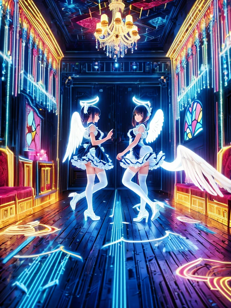 Highest quality,Highest Resolution,Beautiful girl in maid leotard,White angel wings on your back,Halo,High leg,Frills,Knee-high stockings,front,whole body,Western-style room,chandelier,Stained glass,
