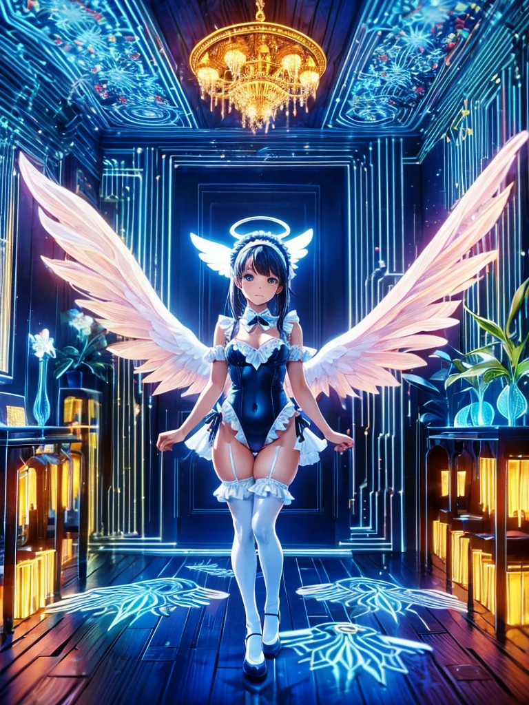 Highest quality,Highest Resolution,Beautiful girl in maid leotard,White angel wings on your back,Halo,High leg,Frills,Knee-high stockings,front,whole body,Western-style room,chandelier,Stained glass,